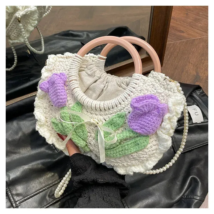 🌸 Kawaii Boho Moonlit Crochet Bag 🌙 Handcrafted Knitted Shoulder Clutch with Pearls & Rope Detail 💖