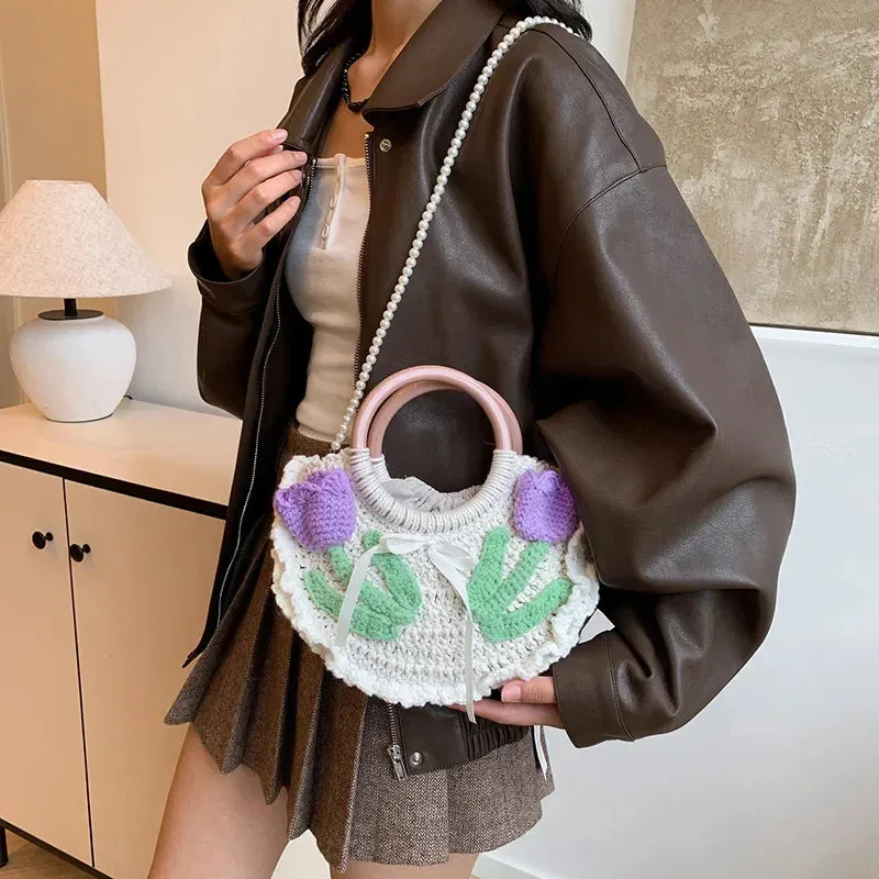 🌸 Kawaii Boho Moonlit Crochet Bag 🌙 Handcrafted Knitted Shoulder Clutch with Pearls & Rope Detail 💖