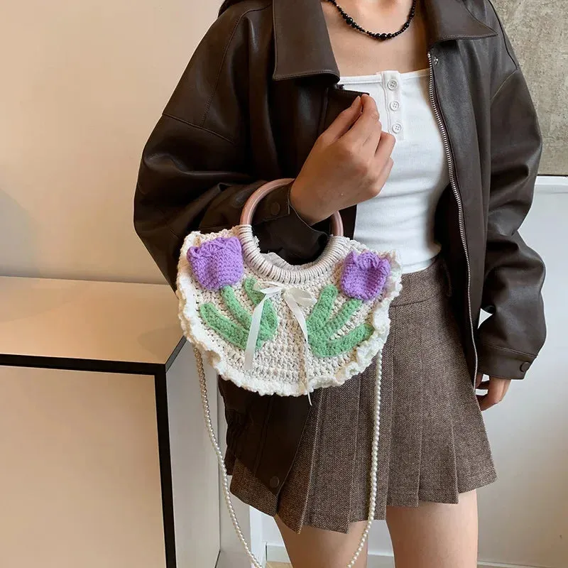 🌸 Kawaii Boho Moonlit Crochet Bag 🌙 Handcrafted Knitted Shoulder Clutch with Pearls & Rope Detail 💖