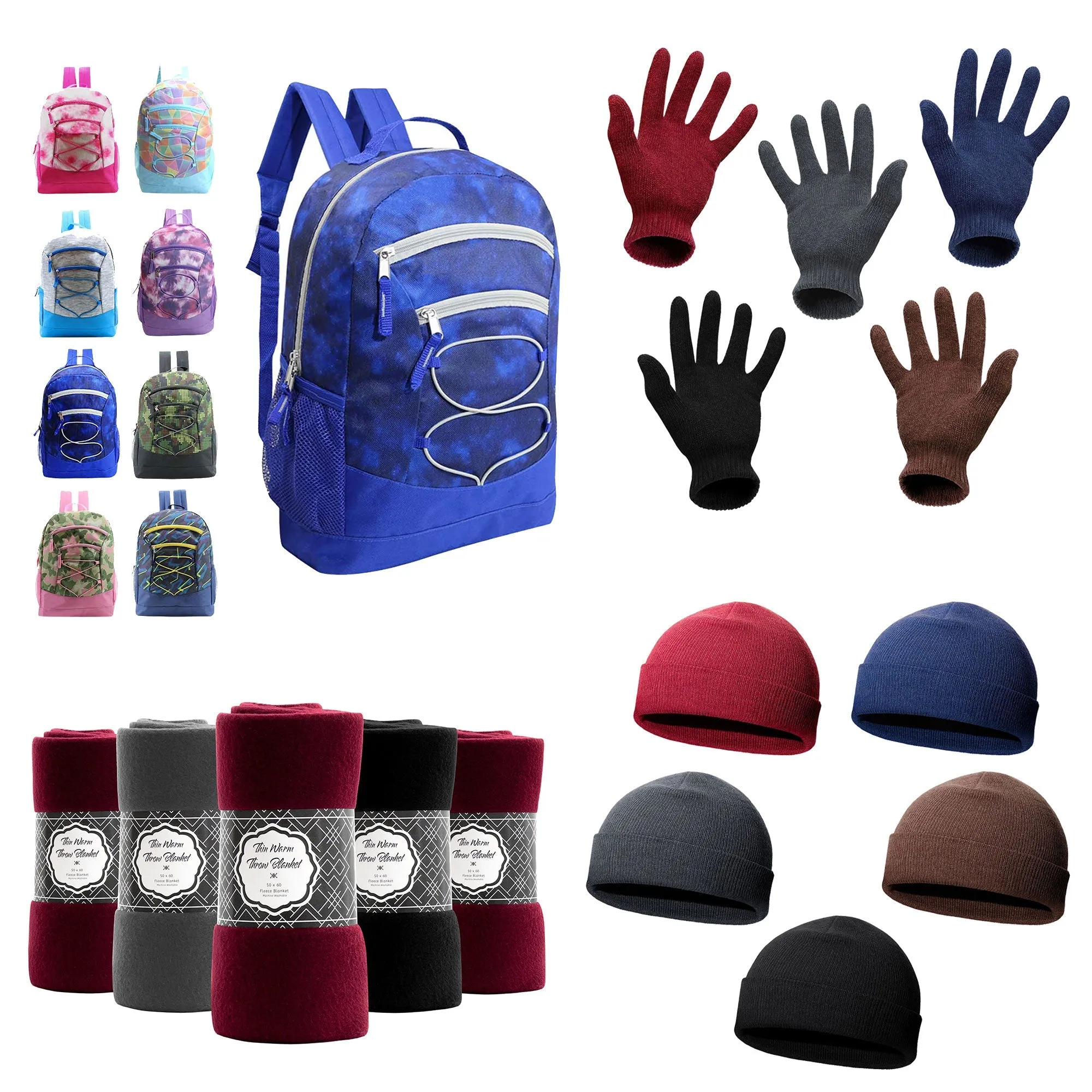 12 Bungee 17" Premium Backpacks & Your Choice of 12 Winter Item Sets - Wholesale Care Package: Homeless, Emergency, Charity