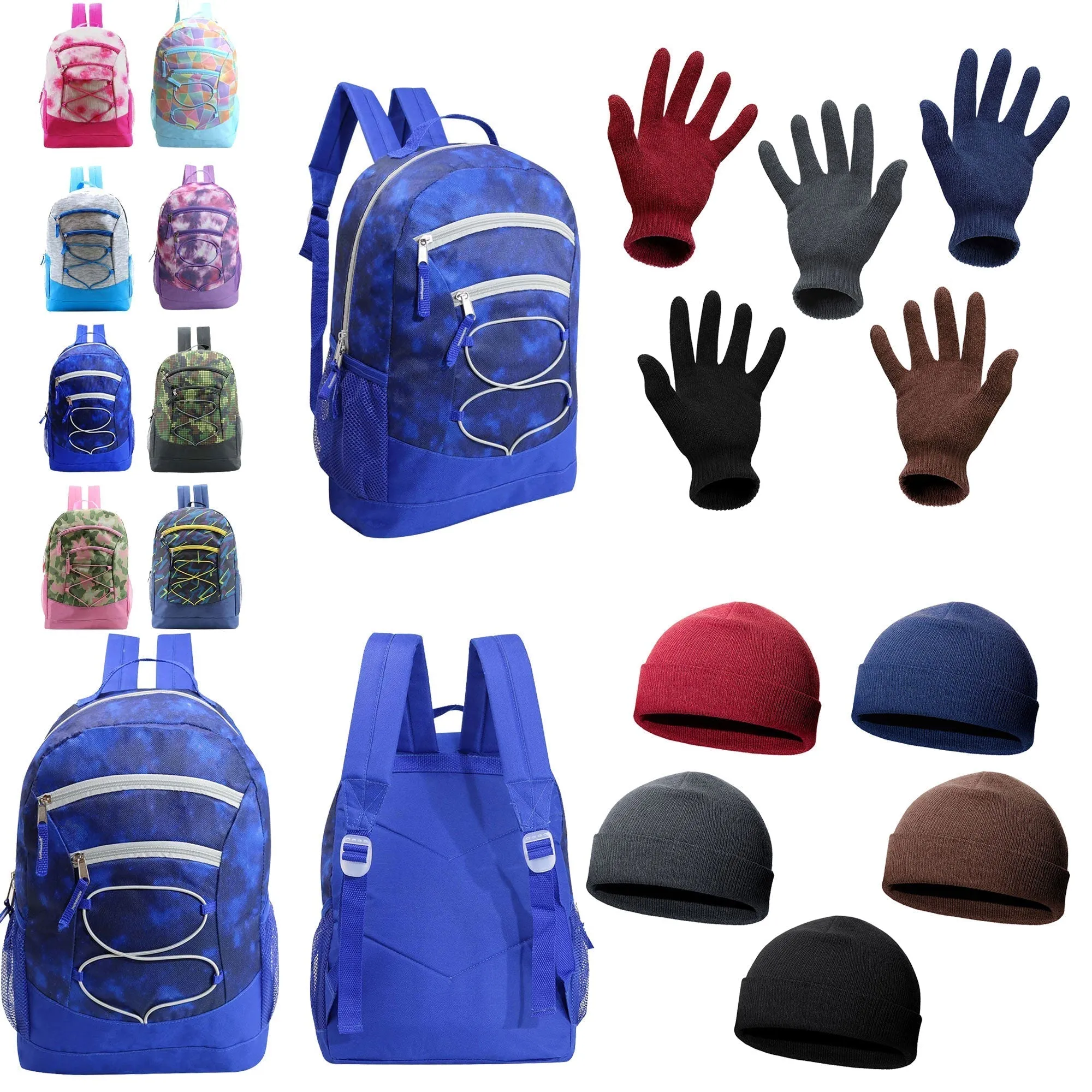 12 Bungee 17" Premium Backpacks & Your Choice of 12 Winter Item Sets - Wholesale Care Package: Homeless, Emergency, Charity