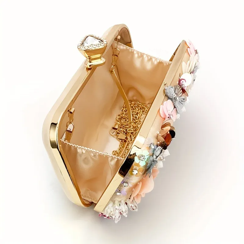 3D Beaded Flower Evening Bag, Elegant Box Clutch Purse, Women's Wedding Handbags For Party Prom