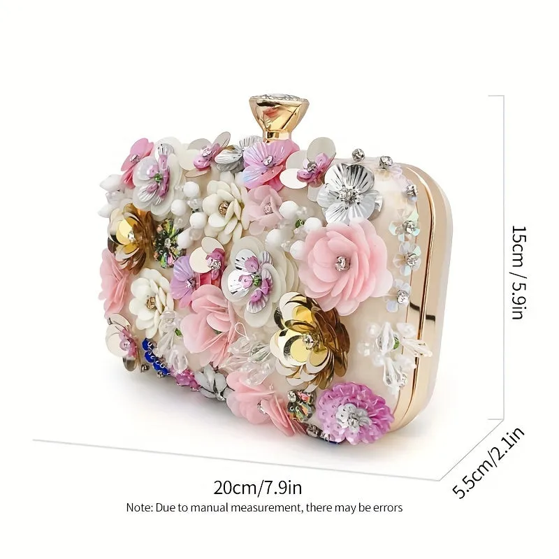 3D Beaded Flower Evening Bag, Elegant Box Clutch Purse, Women's Wedding Handbags For Party Prom