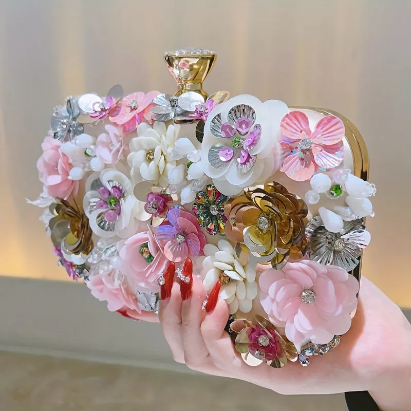 3D Beaded Flower Evening Bag, Elegant Box Clutch Purse, Women's Wedding Handbags For Party Prom