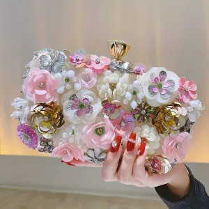 3D Beaded Flower Evening Bag, Elegant Box Clutch Purse, Women's Wedding Handbags For Party Prom