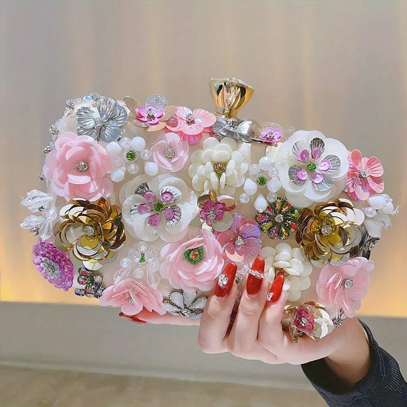 3D Beaded Flower Evening Bag, Elegant Box Clutch Purse, Women's Wedding Handbags For Party Prom