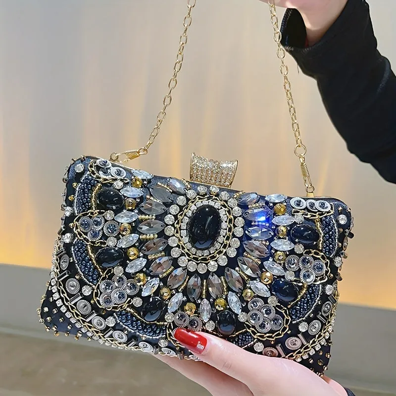 Beaded Rhinestone Evening Bag, Elegant Box Clutch Purse, Women's Wedding Handbags For Party Prom