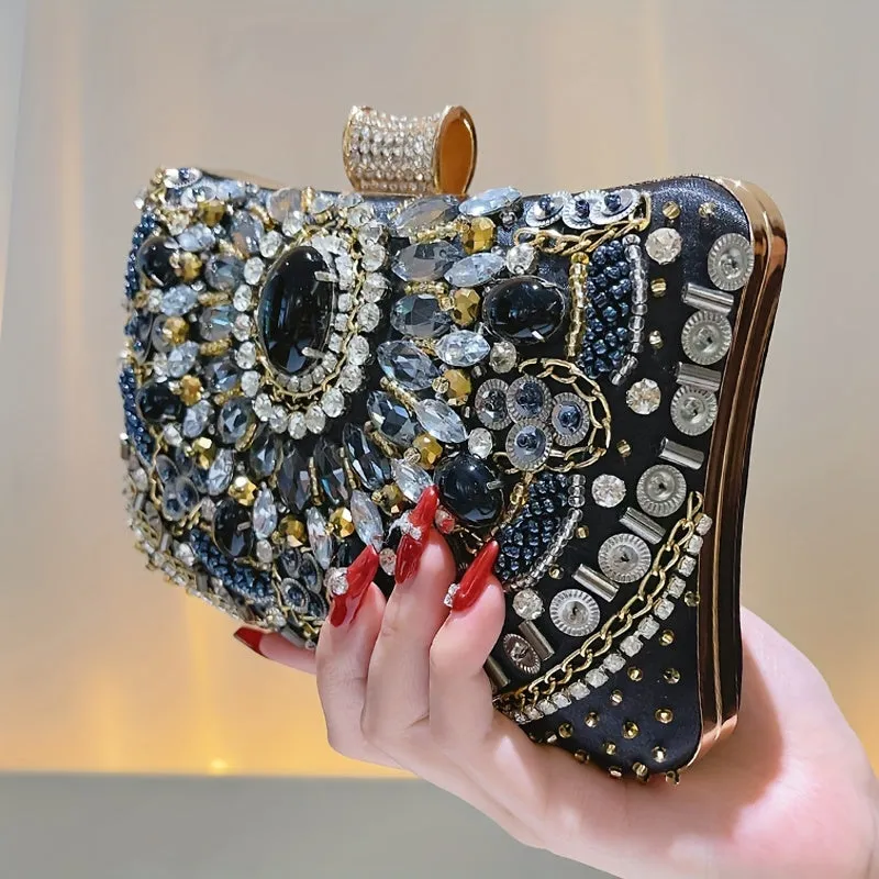 Beaded Rhinestone Evening Bag, Elegant Box Clutch Purse, Women's Wedding Handbags For Party Prom