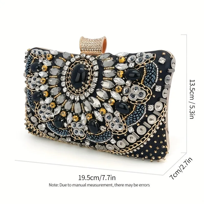Beaded Rhinestone Evening Bag, Elegant Box Clutch Purse, Women's Wedding Handbags For Party Prom