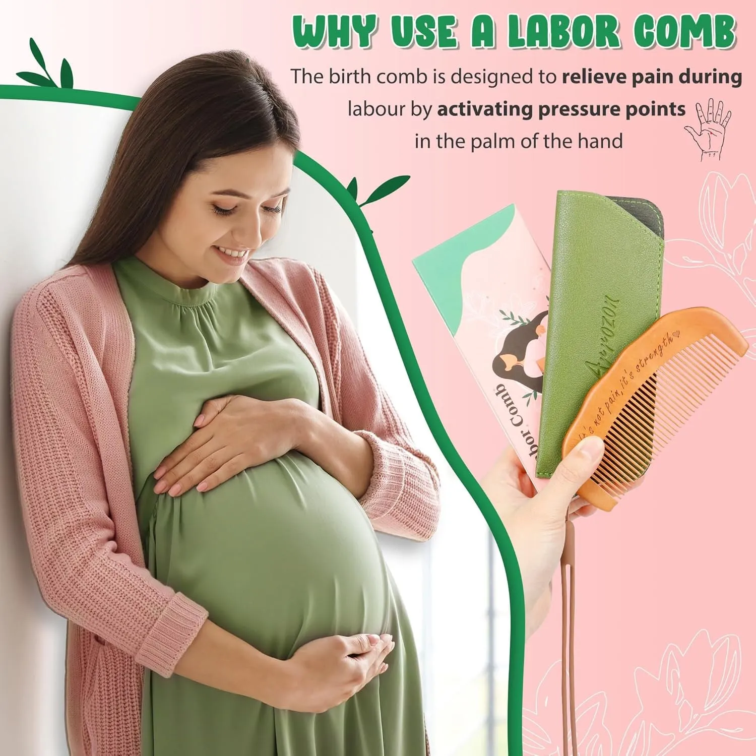 Birth Comb for Women Labor, Wooden Labor Comb Natural Labor and Delivery Essentials, Birthing Comb Labor Gifts for Pregnant Women, Wood Comb Baby Shower Gifts (Designed for Moms)