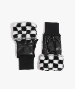Black Faux Leather Fingerless Gloves with Black White Faux Fur Cuff