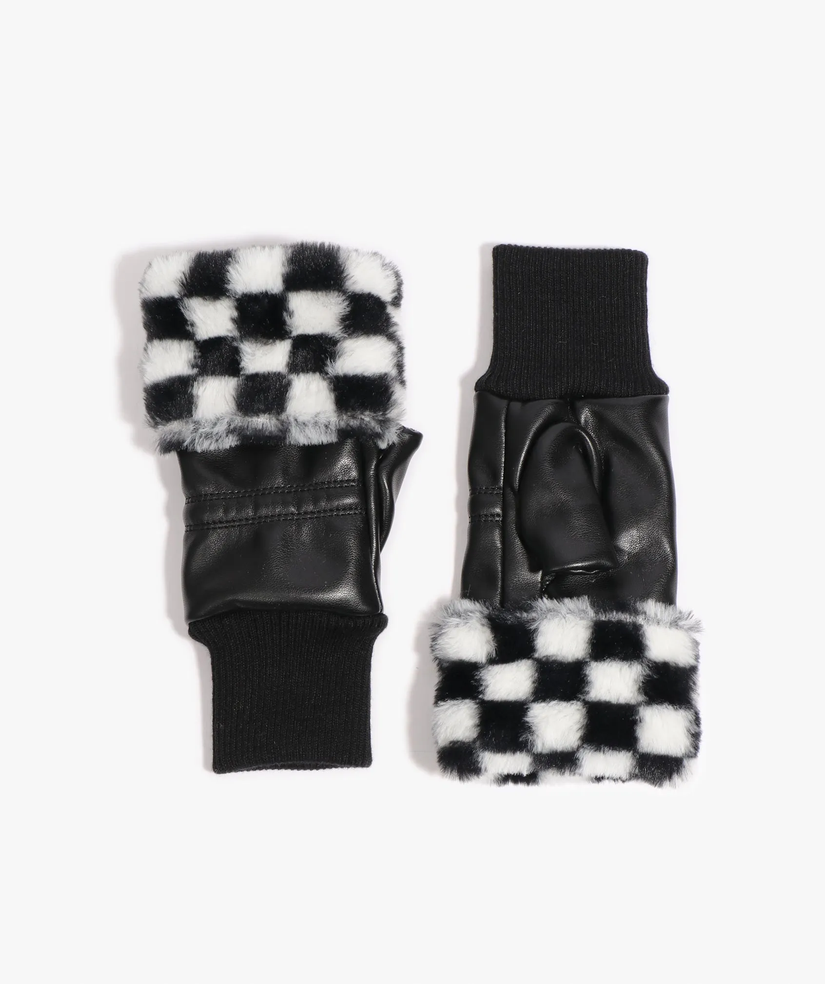 Black Faux Leather Fingerless Gloves with Black White Faux Fur Cuff