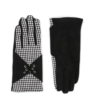 Black White Houndstooth Gloves with a Laced Suede Embellishment