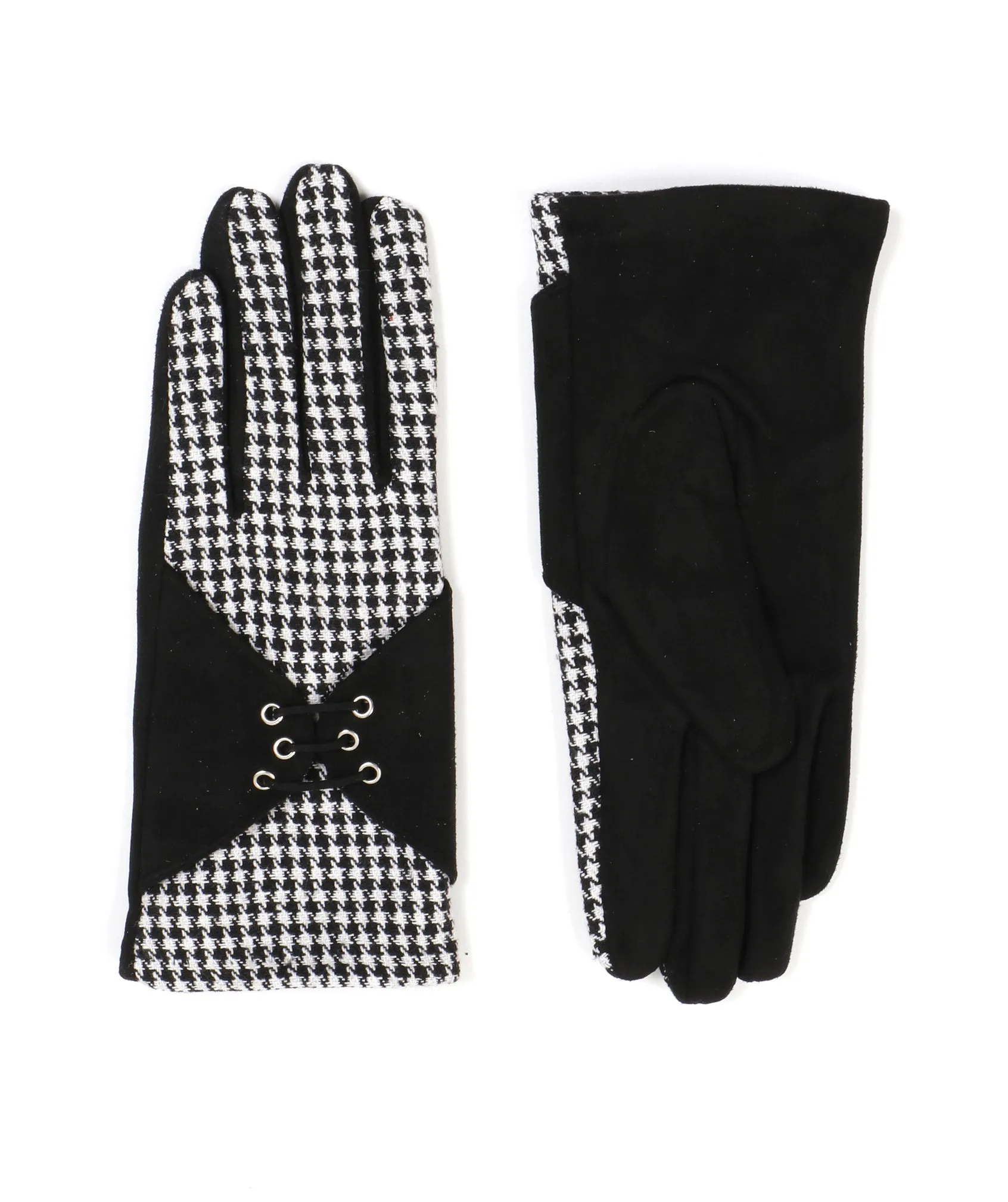 Black White Houndstooth Gloves with a Laced Suede Embellishment