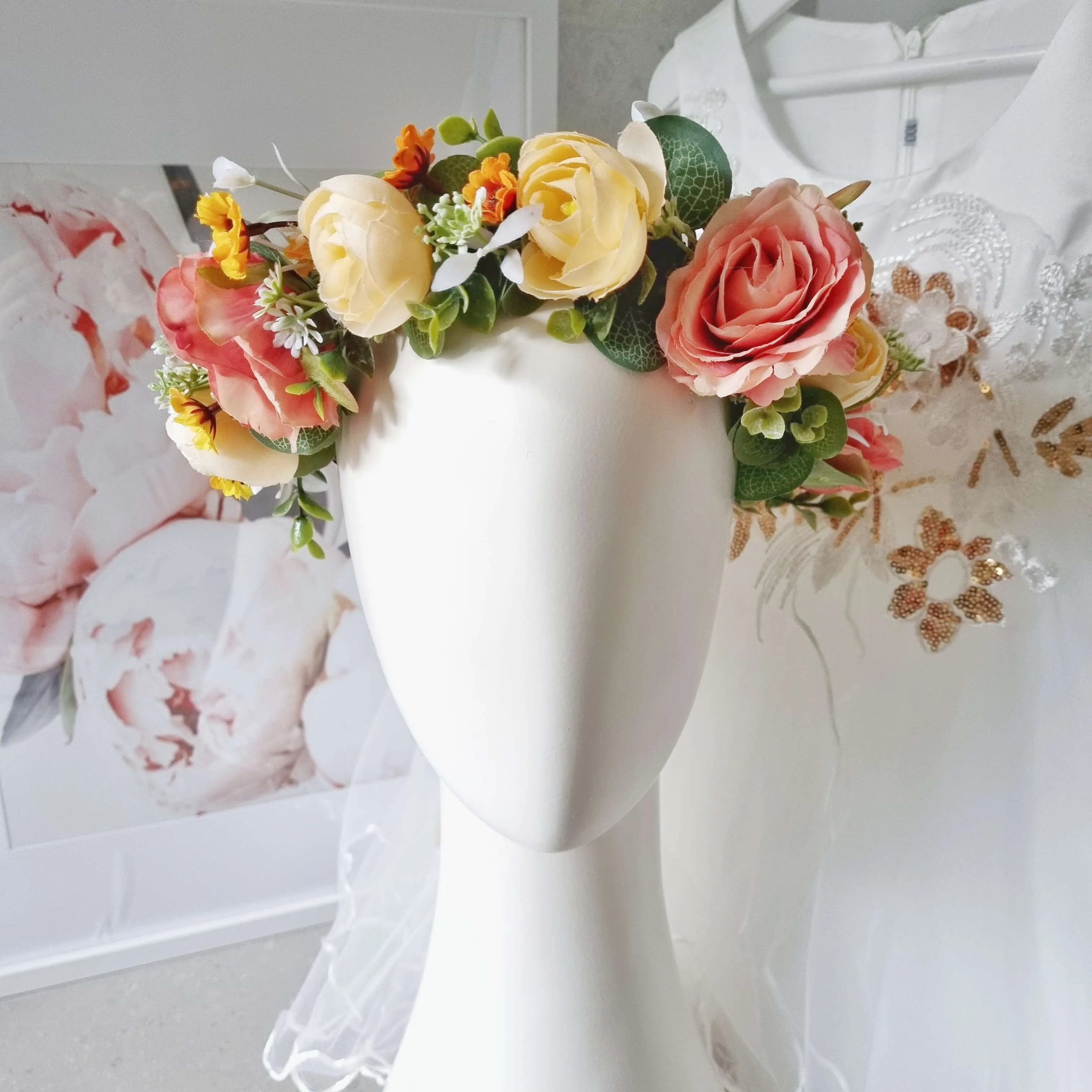 Coral pink and Melon wedding flower crown