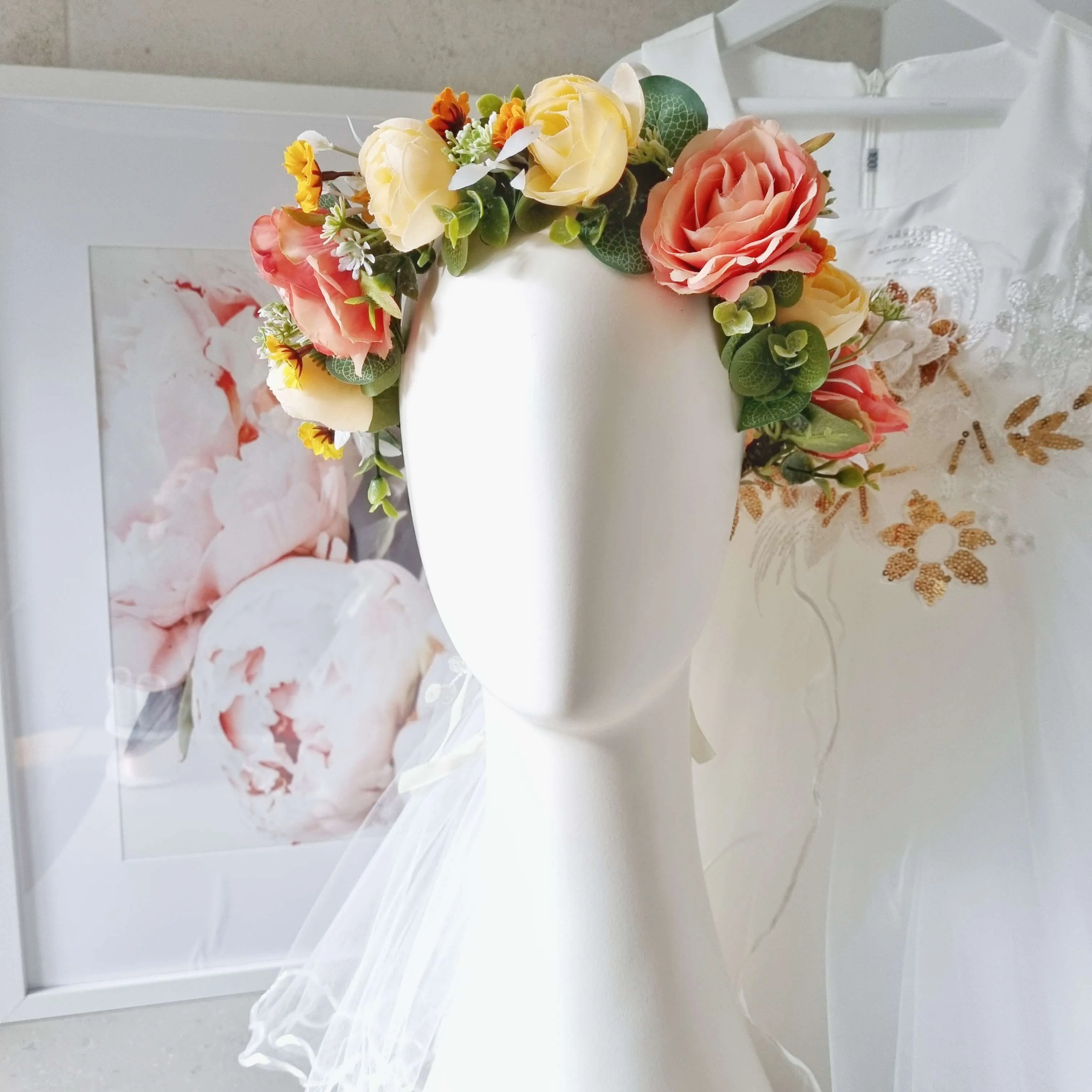 Coral pink and Melon wedding flower crown