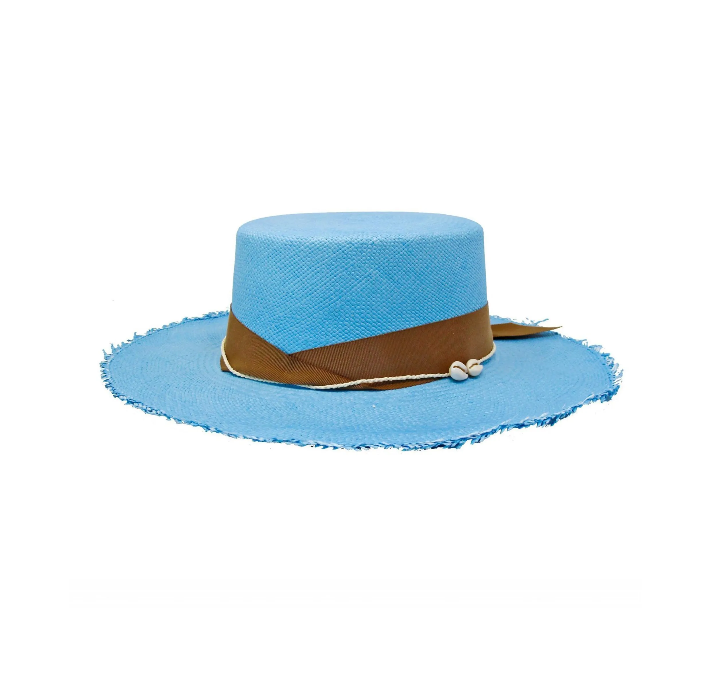 Cordovan Frayed Long Brim Hat With Straw And Seashell Detail