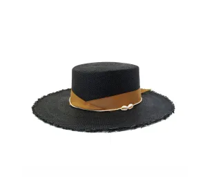 Cordovan Frayed Long Brim Hat With Straw And Seashell Detail