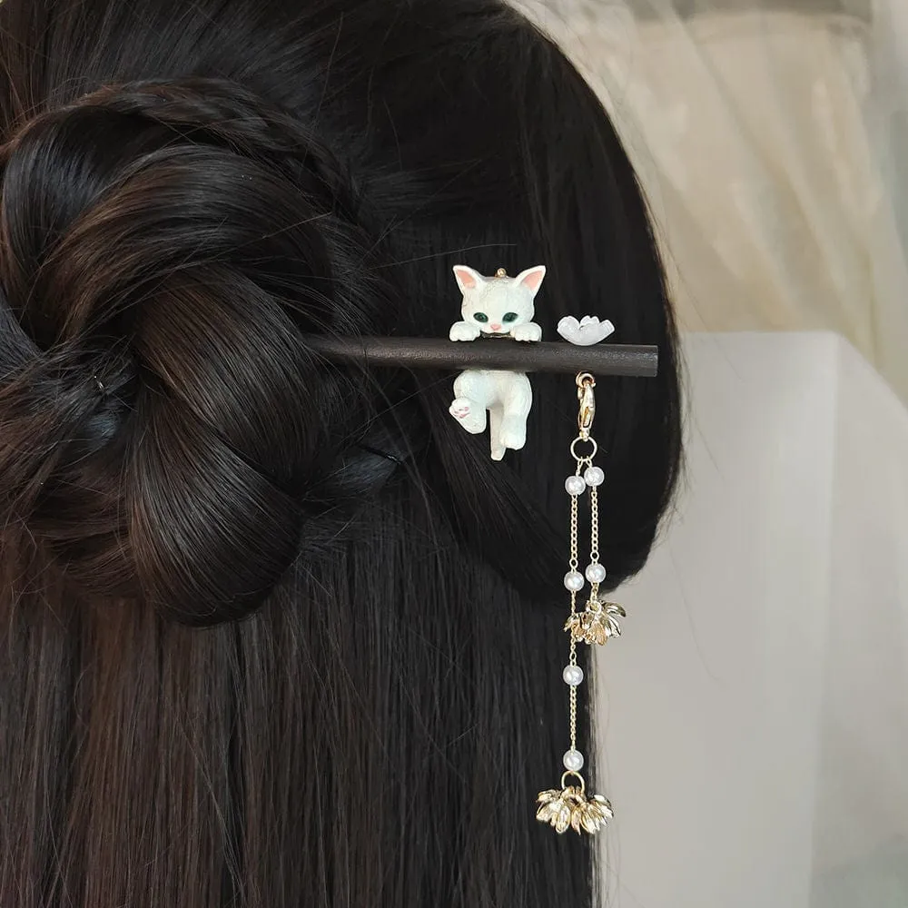 Cute Cat Pendant Flower Pearl Tassel Wooden Hair Fork Hair Pin