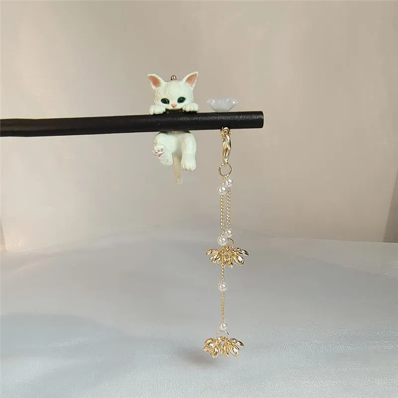 Cute Cat Pendant Flower Pearl Tassel Wooden Hair Fork Hair Pin