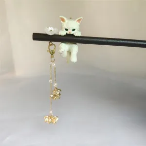 Cute Cat Pendant Flower Pearl Tassel Wooden Hair Fork Hair Pin