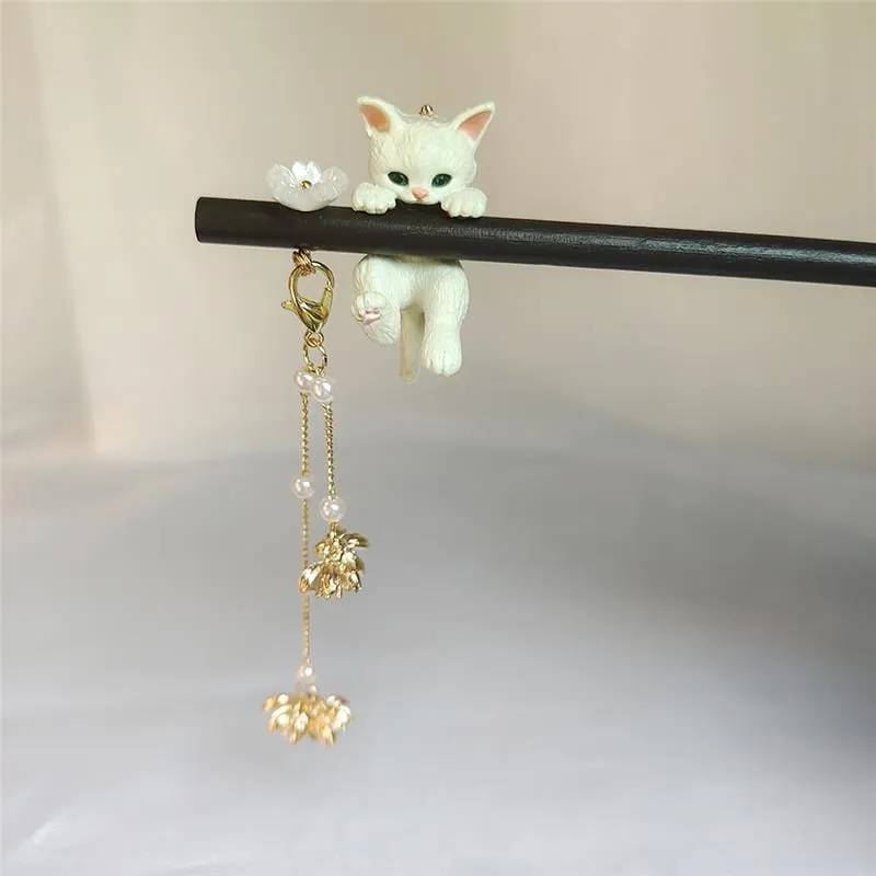 Cute Cat Pendant Flower Pearl Tassel Wooden Hair Fork Hair Pin