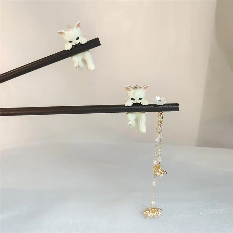 Cute Cat Pendant Flower Pearl Tassel Wooden Hair Fork Hair Pin