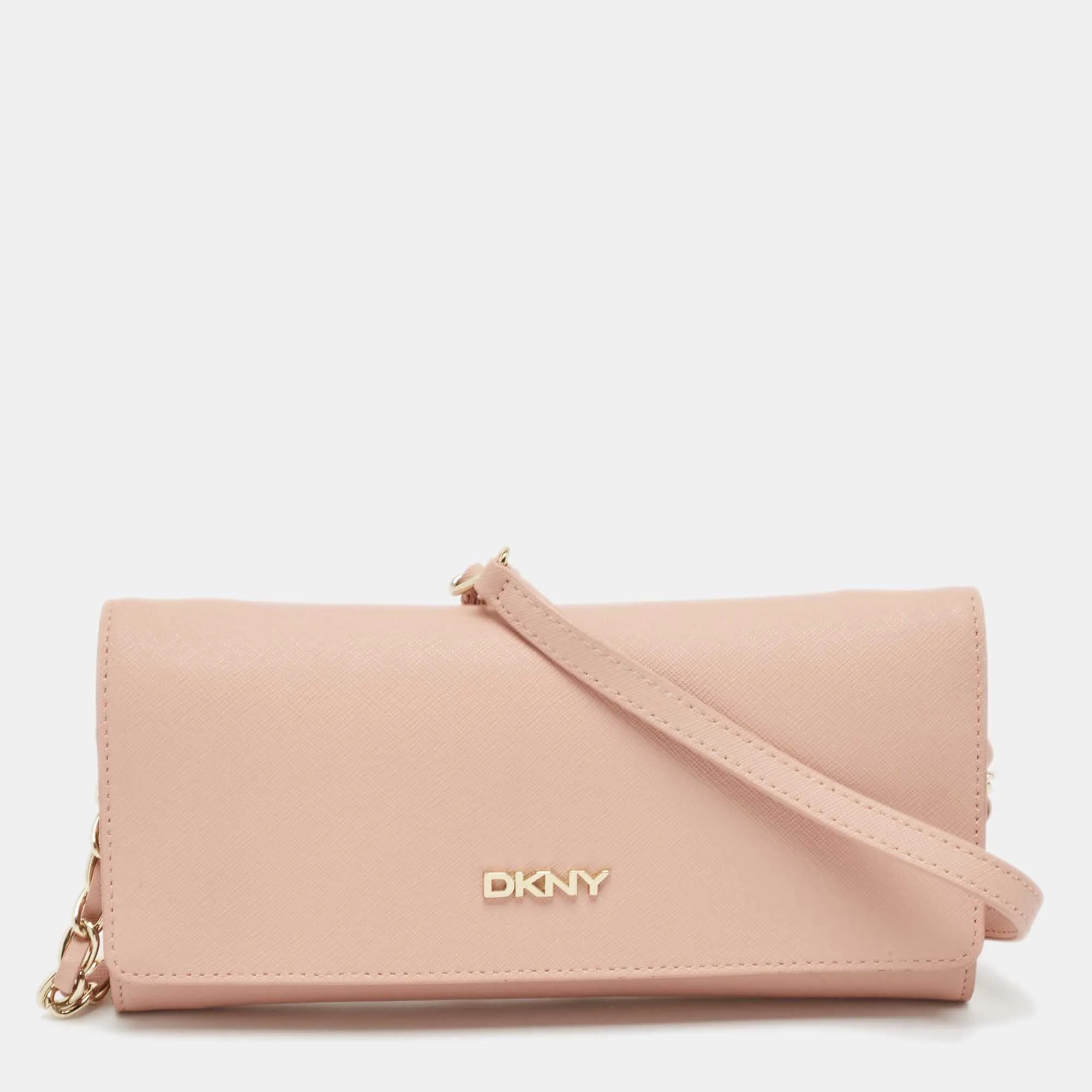 DKNY Pink Saffiano Leather Flap Wallet on Chain