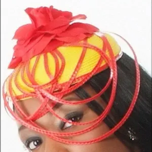 F6021-Yellow and red straw fascinator with red flower