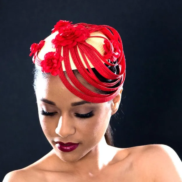 F6037- Ladies red and yellow fascinator