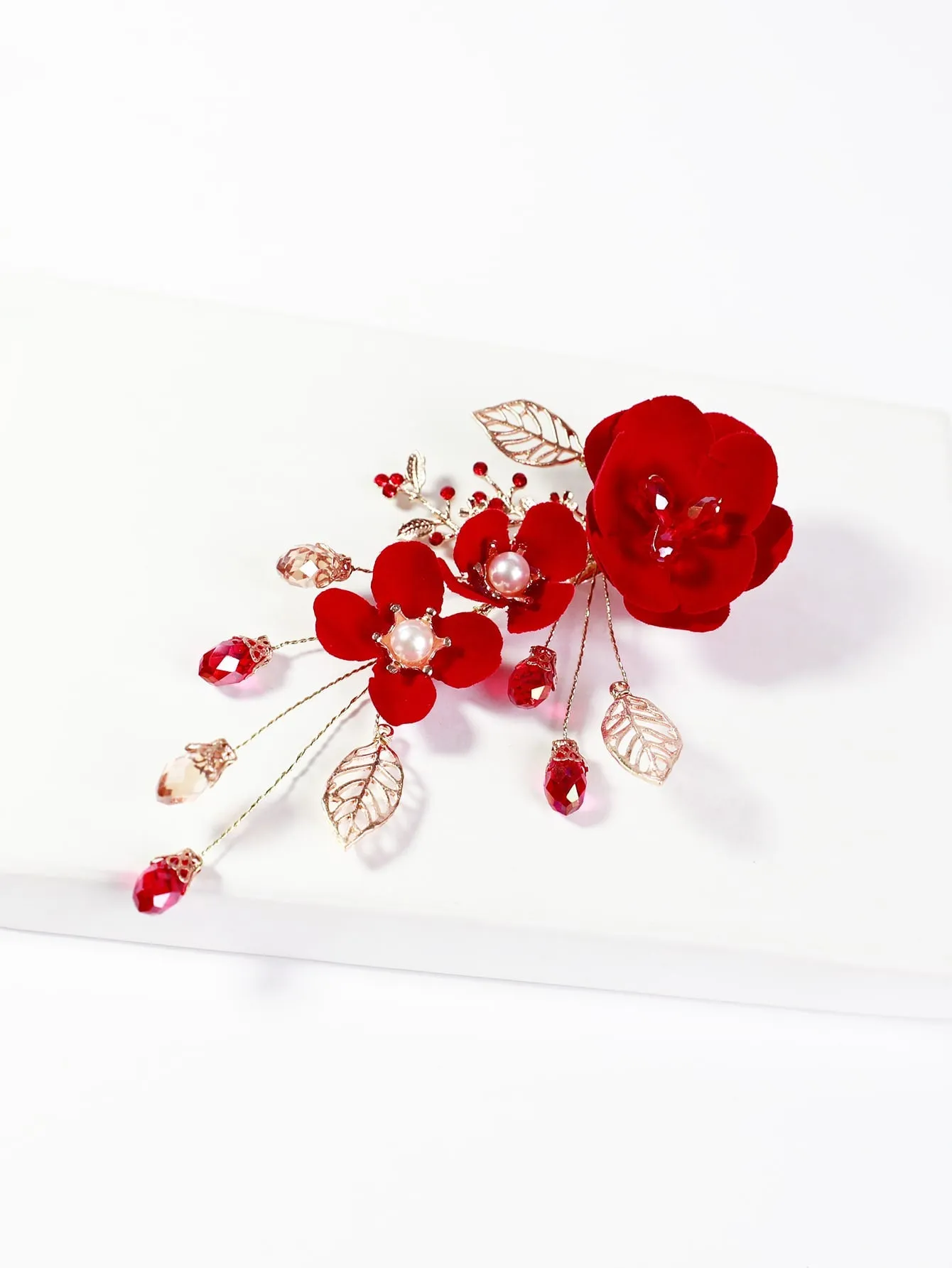 Faux Pearl Flower Decor Hair Clip - Red