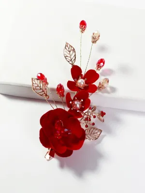 Faux Pearl Flower Decor Hair Clip - Red