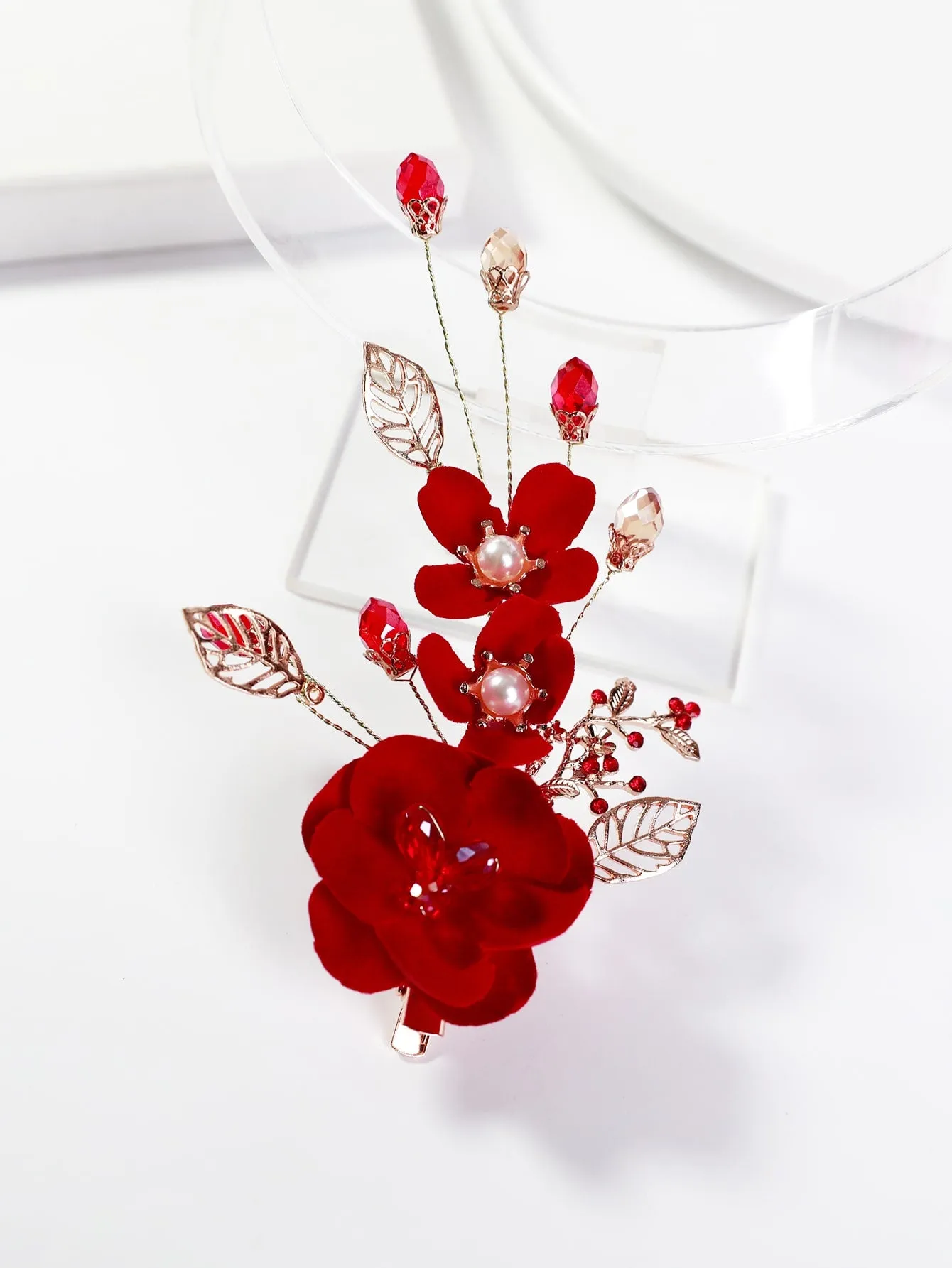 Faux Pearl Flower Decor Hair Clip - Red