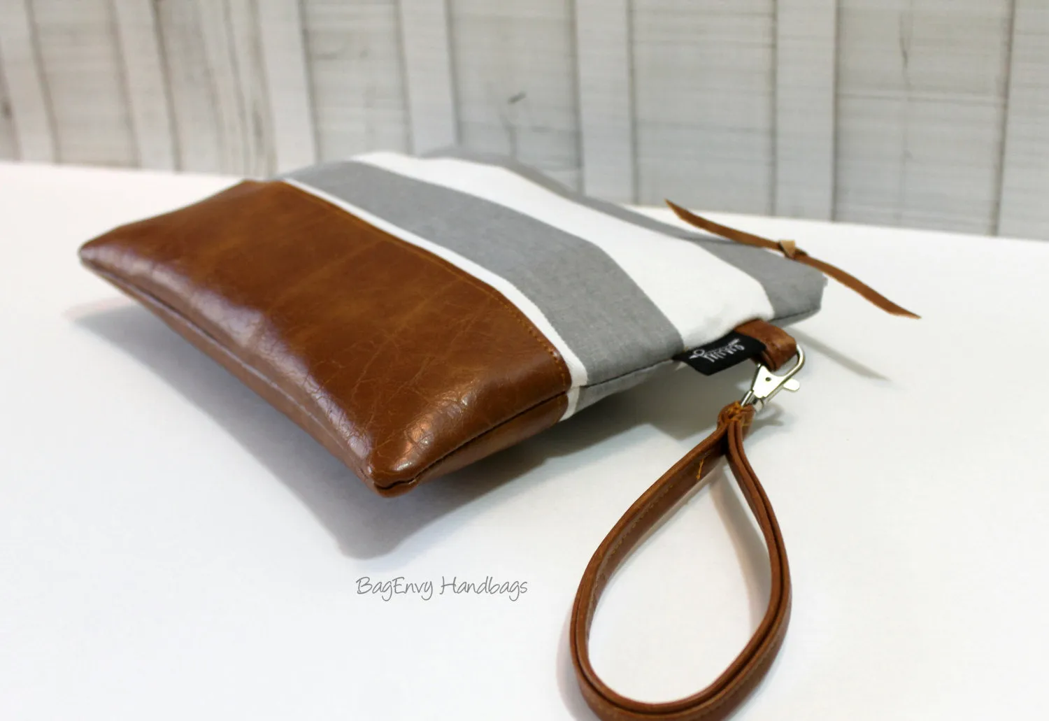 Grab N Go Wristlet Zippered  Clutch - Grey Stripe with Vegan Leather
