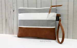 Grab N Go Wristlet Zippered  Clutch - Grey Stripe with Vegan Leather