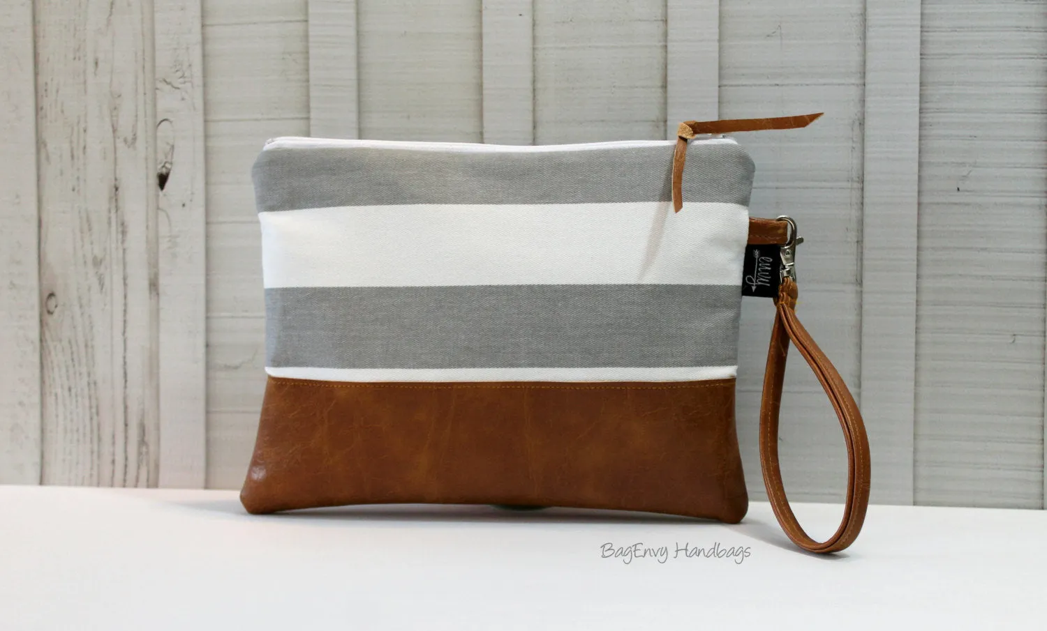 Grab N Go Wristlet Zippered  Clutch - Grey Stripe with Vegan Leather