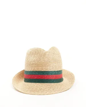 Gucci Beige Straw Web Accent Fedora Hat - L
