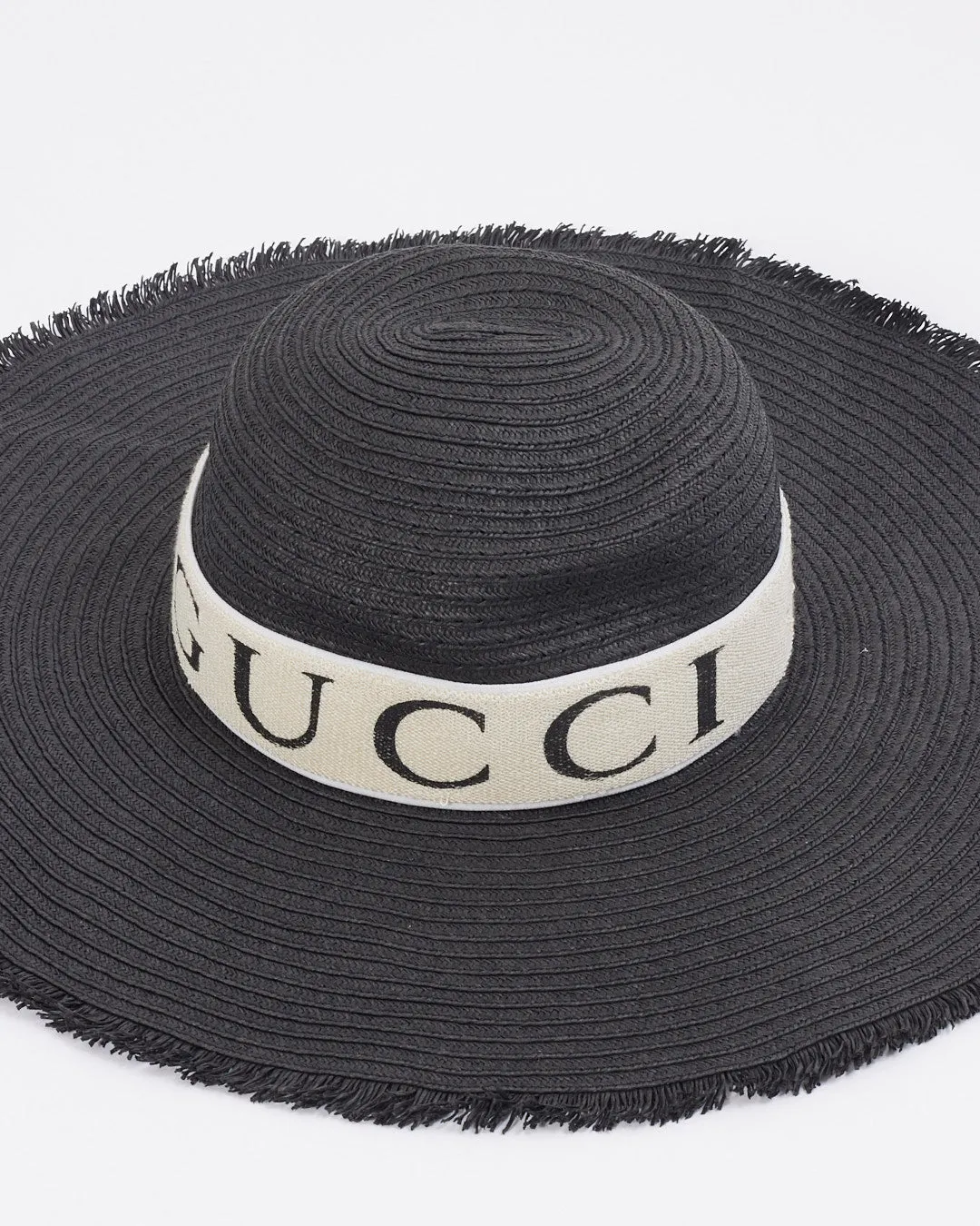 Gucci Black Straw Logo Wide Brim Hat