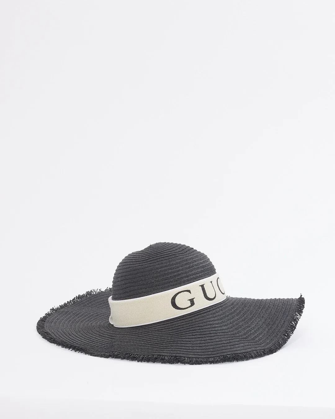 Gucci Black Straw Logo Wide Brim Hat