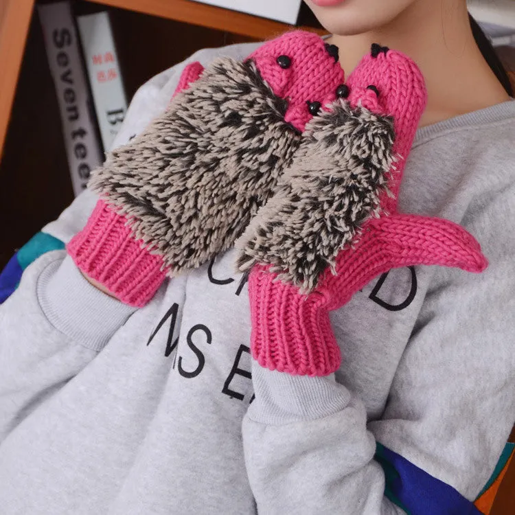 Hedgehog Gloves Women Winter Warmer Knitted Crochet Wrist Cartoon Fleece Heated Mittens Erinaceus Outdoor Gifts S1559