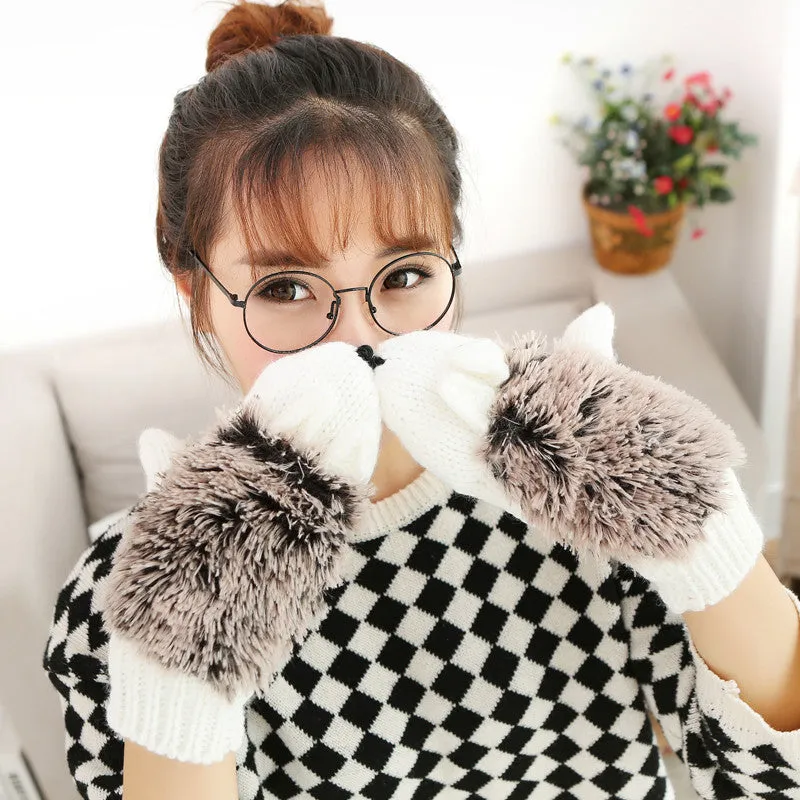 Hedgehog Gloves Women Winter Warmer Knitted Crochet Wrist Cartoon Fleece Heated Mittens Erinaceus Outdoor Gifts S1559