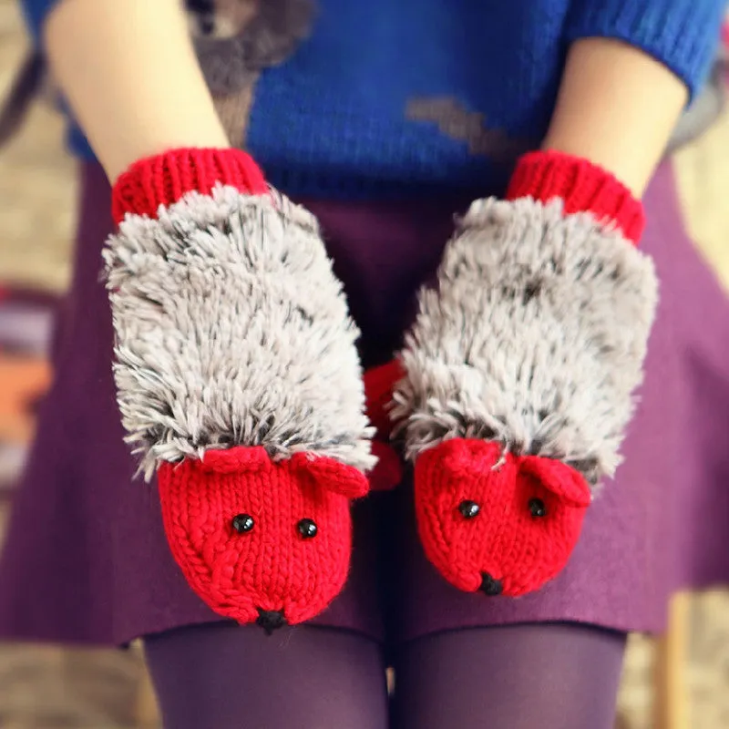 Hedgehog Gloves Women Winter Warmer Knitted Crochet Wrist Cartoon Fleece Heated Mittens Erinaceus Outdoor Gifts S1559