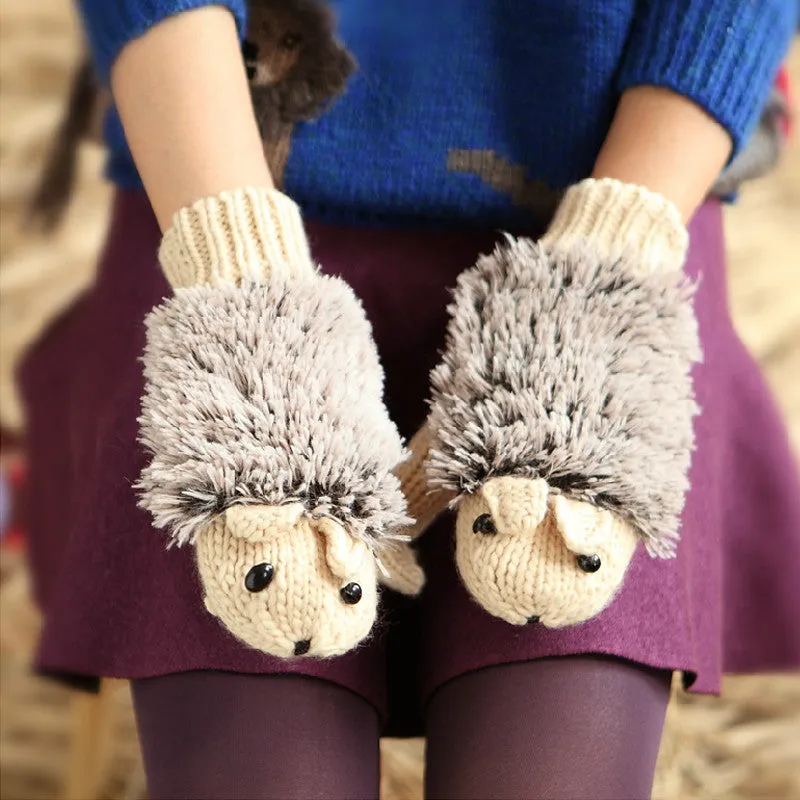 Hedgehog Gloves Women Winter Warmer Knitted Crochet Wrist Cartoon Fleece Heated Mittens Erinaceus Outdoor Gifts S1559