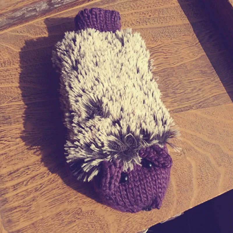 Hedgehog Gloves Women Winter Warmer Knitted Crochet Wrist Cartoon Fleece Heated Mittens Erinaceus Outdoor Gifts S1559