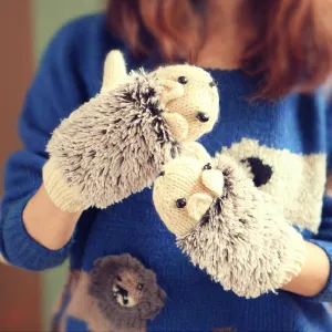 Hedgehog Gloves Women Winter Warmer Knitted Crochet Wrist Cartoon Fleece Heated Mittens Erinaceus Outdoor Gifts S1559
