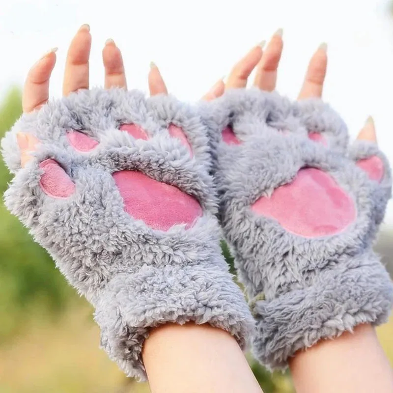 Kawaii Cat Paw Half Finger Gloves 🐾❄️ Cozy & Cute Fluffy Design!