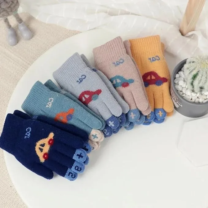 Kids Winter Gloves Warm Faux Wool Thermal Gloves for 3-8 Year Olds | Elastic Knit Gloves with Car Pattern | Ideal for boy and girls