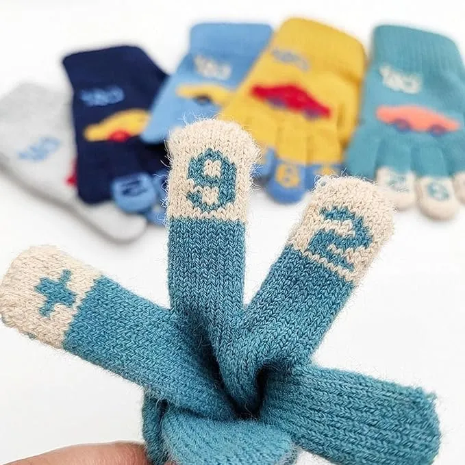 Kids Winter Gloves Warm Faux Wool Thermal Gloves for 3-8 Year Olds | Elastic Knit Gloves with Car Pattern | Ideal for boy and girls