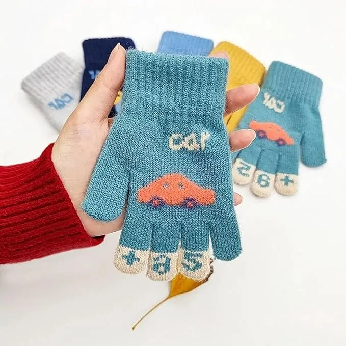 Kids Winter Gloves Warm Faux Wool Thermal Gloves for 3-8 Year Olds | Elastic Knit Gloves with Car Pattern | Ideal for boy and girls