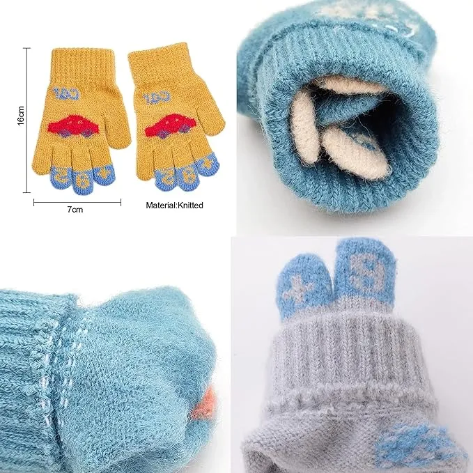 Kids Winter Gloves Warm Faux Wool Thermal Gloves for 3-8 Year Olds | Elastic Knit Gloves with Car Pattern | Ideal for boy and girls